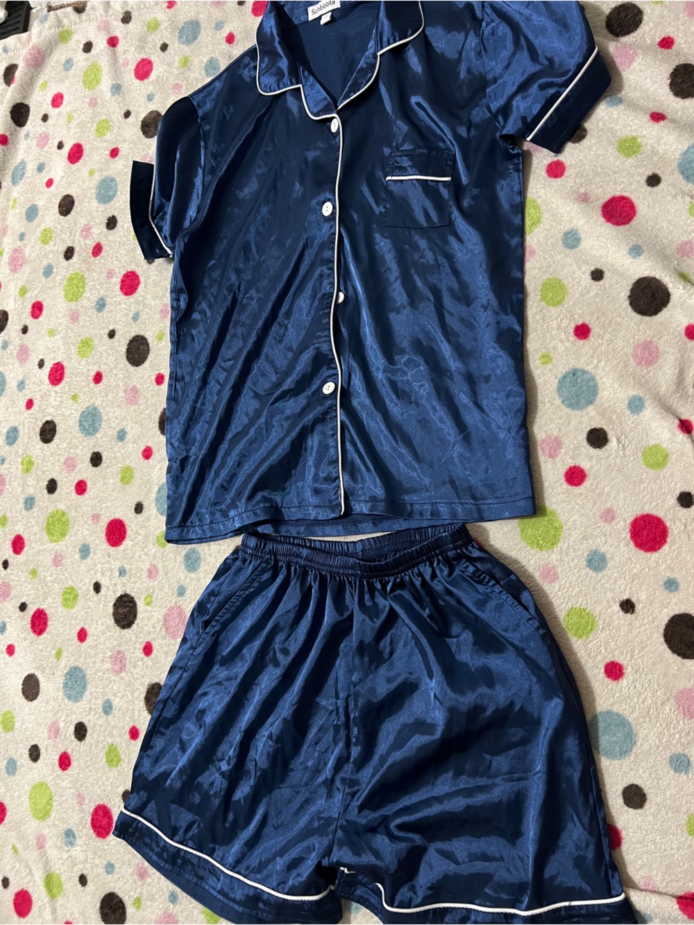 Women's Navy Satin Pajama Set with Contrast Piping